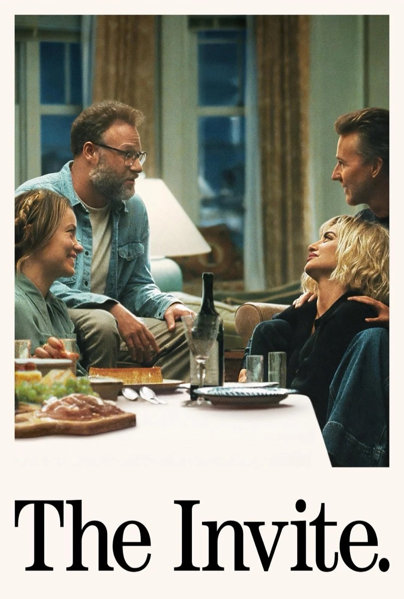 Poster for The Invite: two couples talking around a dinner table in a softly lit living room, the title set in large black serif letters below.