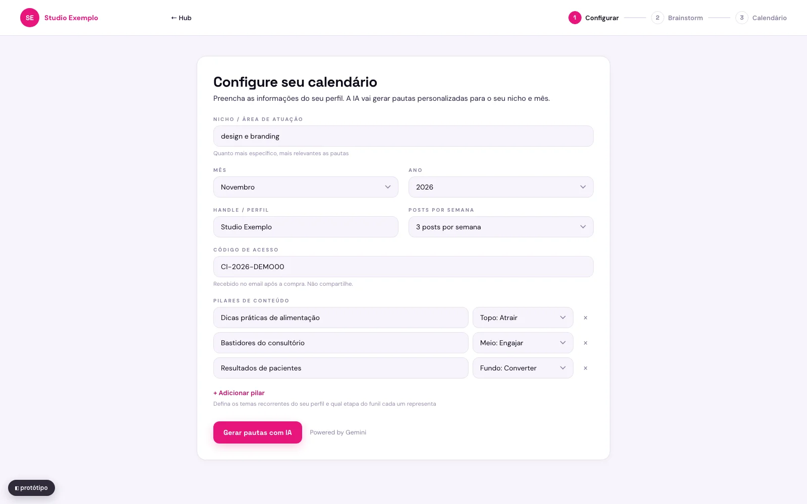 conteudo.ia editorial calendar — a multi-step tool for configuring niche, month, and posting frequency, then generating a full content plan with AI.