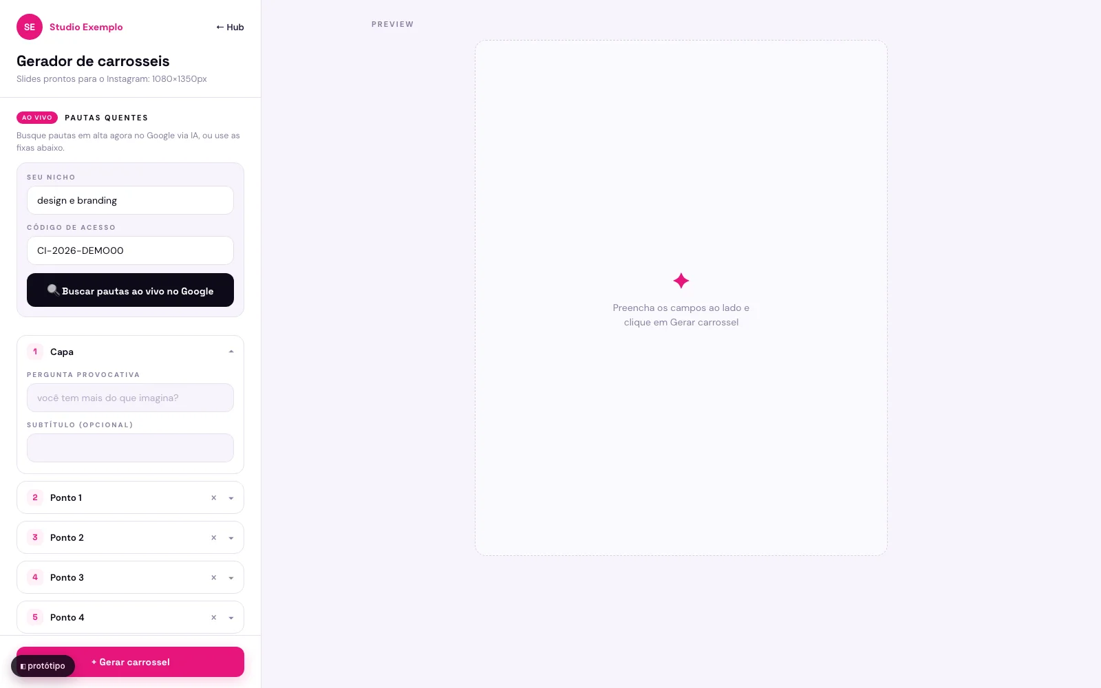 conteudo.ia carousel generator — a split-panel interface for building Instagram carousels with AI-assisted slide content and layout selection.